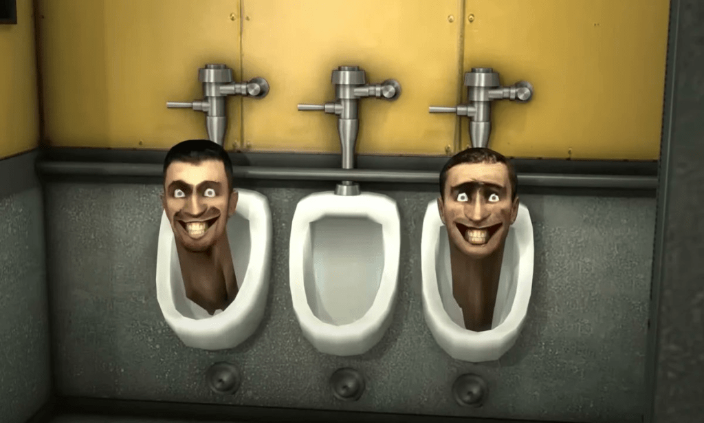 Heads emerging from a urinal in Skibidi Toilet, image shared by ShiinaBR on Twitter announcing new Fortnite skins