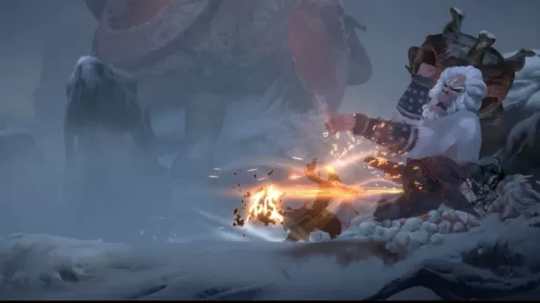 Una captura de pantalla que muestra a un hombre cortando con su espada a un enorme mono sobre un fondo nevado.