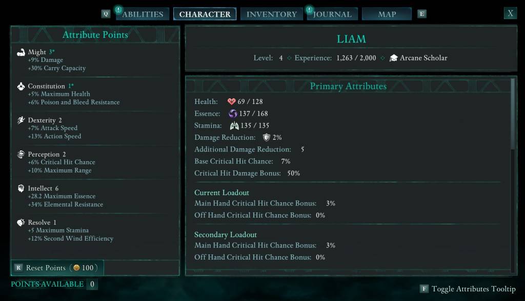 An image showing the Attributes screen in Avowed as part of a guide to how to respec in the game.