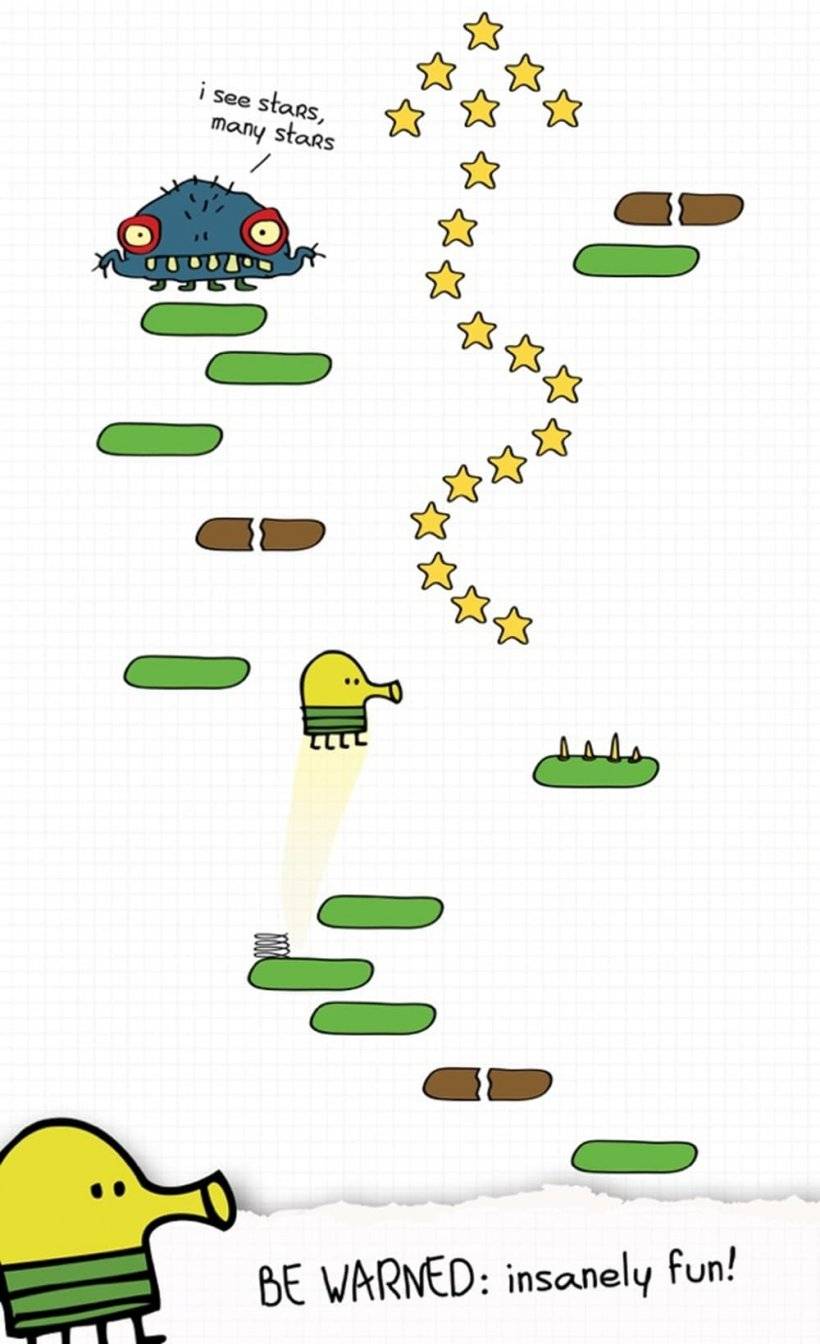 Ang isang screenshot ng doodle ay tumalon sa pagkilos habang ang doodle ay tumalon sa isang dayuhan