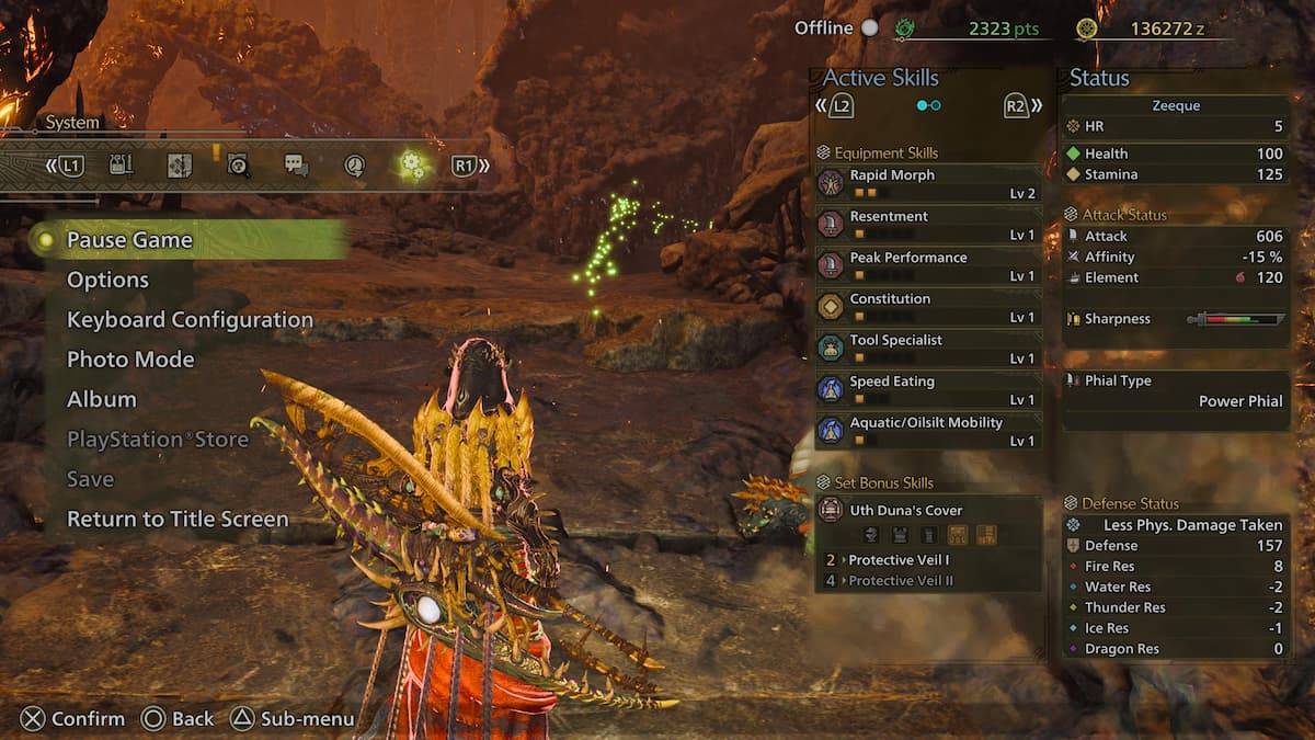 Menu de pausa em Monster Hunter Wilds