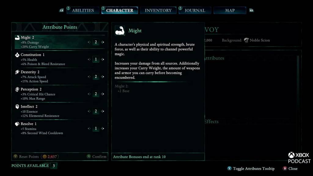 List of Attributes in Avowed, from Xbox Podcast