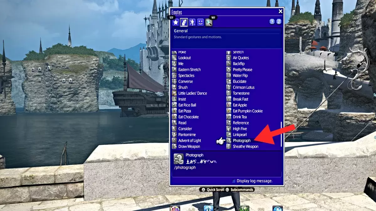 Captura de tela mostrando a fotografia emote em Final Fantasy XIV